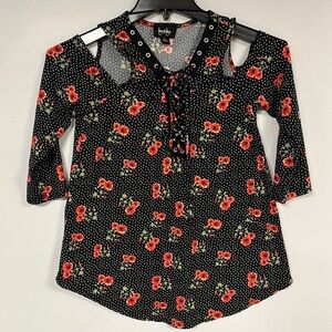 By & By Black floral polka dot,  with Silver Rivet lace up front Detail , S